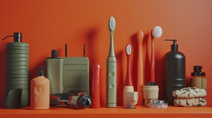 A toothbrush standing like a soldier, lined up next to other bathroom essentials --ar 16:9 --v 6.1 Job ID: 4b3b324a-b1ce-44ba-af46-5a4b9fc7e926