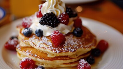 Pancakes topped with berries and whipped cream, mouthwatering food photography, breakfast time