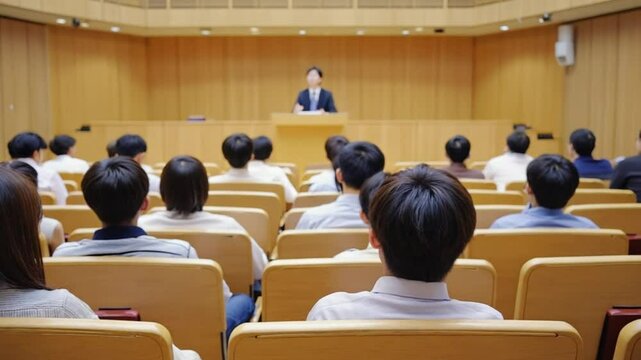 Rows of attentive students listen to a lecturer at a wooden podium inside a bright auditorium. Concept of collaborative learning and higher education excellence.