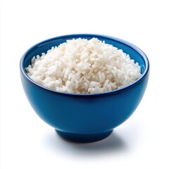 Bowl of rice in blue bowl on white background