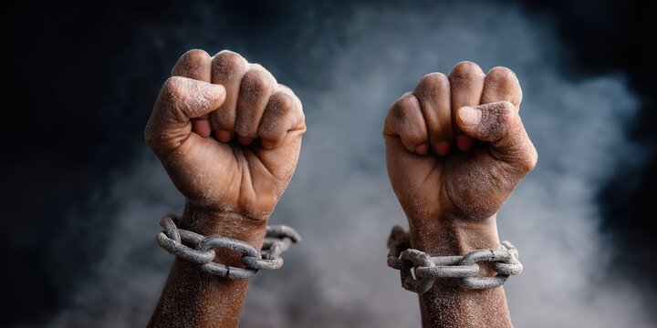A powerful portrayal of two hands breaking free from chains, symbolizing liberation and resilience, set against a dramatic background that evokes themes of struggle and freedom.