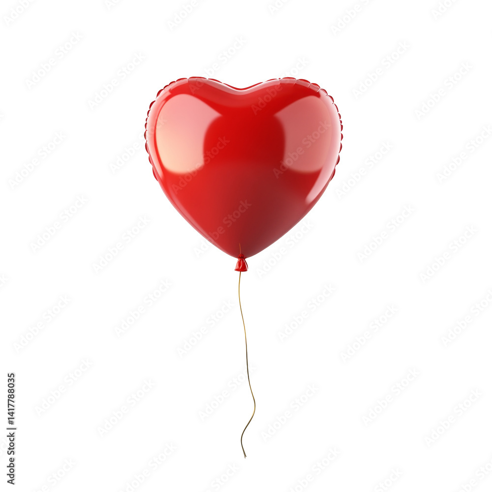 Poster shiny red heart balloon floating with curling ribbon string
