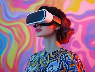 Woman in Colorful Shirt Wearing Virtual Reality Headset Against Artistic Background with Abstract Patterns