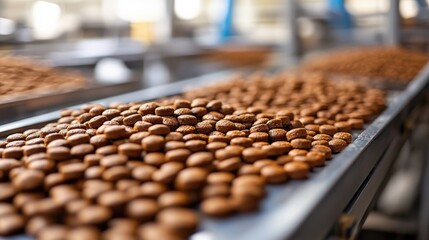 Fototapeta premium Rows of freshly baked cookies cooling on trays in a busy bakery with blurred kitchen background