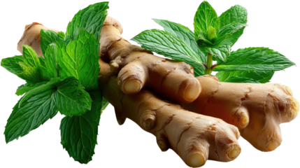 Ginger and Mint: Fresh ginger and mint leaves are artfully arranged, perfect for cooking and promoting health, capturing the essence of natural ingredients and the vibrancy of culinary elements.