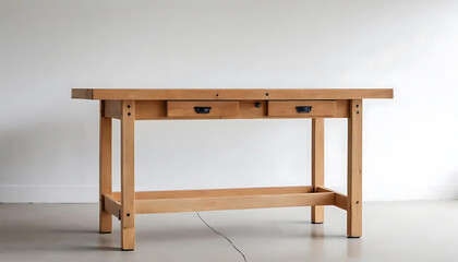 Wooden Workbench with Drawers Standing Against a White Wall Background