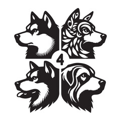 create 4 dog head silhouette vector on white background 