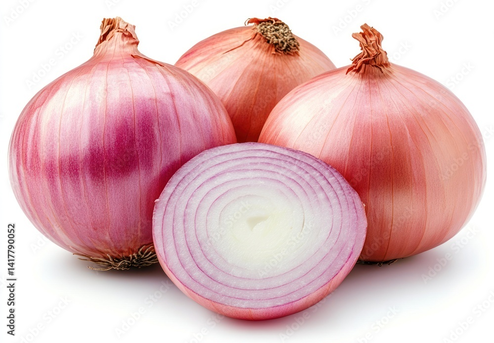 Poster fresh red onions group with one cross-section view showing layers and texture for culinary use and f
