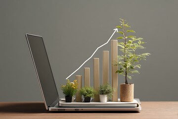 Growth chart on laptop with plants highlighting financial success symbolism  
