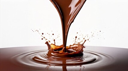 Melted chocolate pouring onto a white background, chocolate drops
