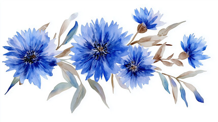Fototapeta premium Delicate bouquet of blue cornflowers and creeping vines, isolated watercolor composition