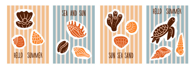 Collection of four colorful summer postcards with hand-drawn sea creatures and shells on striped backgrounds. Includes coral, seashells, and a turtle with phrases like Hello Summer, Sea and Sun.
