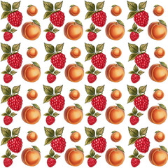Seamless pattern featuring juicy peaches and sweet raspberries — perfect for summer-themed designs.