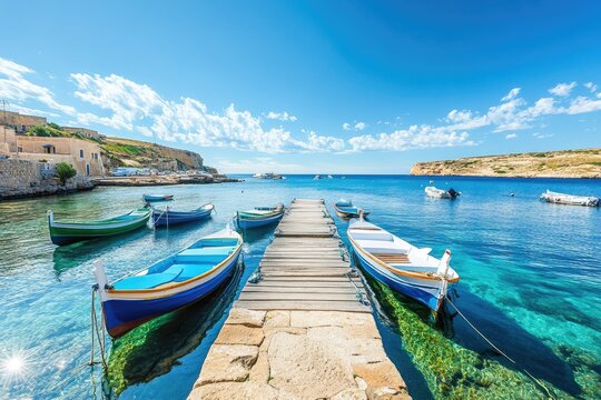 Colorful boats on a wooden dock, crystal clear water, sunny day