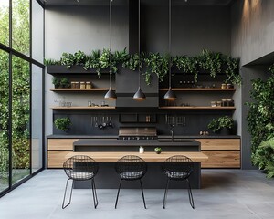 Urban modern loft outdoor kitchen with concrete counters, hanging lights, and integrated dining area