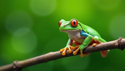 Naklejka premium Green tree frog perched on white, vibrant color , frog, bright, wildlife photography