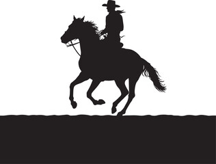 Naklejka premium Black and White Silhouette of Cowboy Riding Horse – Western Galloping Rider in Sunset Horizon