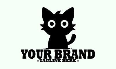 Abstract black silhouette of a cat furry creature's head with wide, expressive white eyes on a light background. cat silhouette vector, black and white, cat vector illustration cat logo design