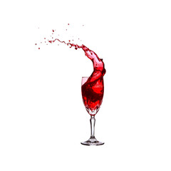 A red wine pouring into glass splash isolated on white background 