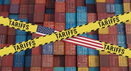 Fototapeta premium USA Tariffs Caution Tape Over Shipping Containers