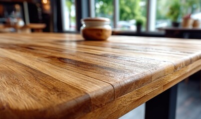 Close-up of a wooden table top, showcasing the natural grain and polished finish