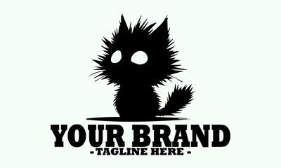 Abstract black silhouette of a cat furry creature's head with wide, expressive white eyes on a light background. cat silhouette vector, black and white, cat vector illustration cat logo design