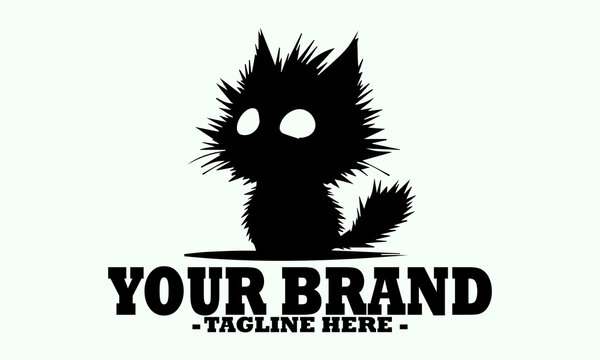 Abstract black silhouette of a cat furry creature's head with wide, expressive white eyes on a light background. cat silhouette vector, black and white, cat vector illustration cat logo design