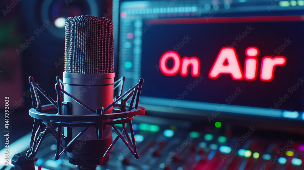 Poster close-up of high-end condenser microphone with pop filter, illuminated by moody red neon 