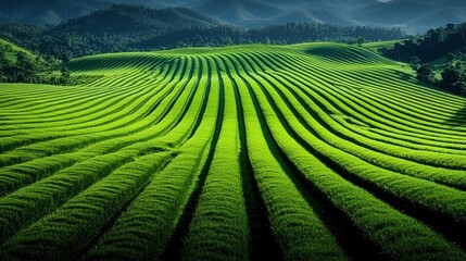 Lush green terraced rice fields under a clear sky, showcasing agricultural beauty