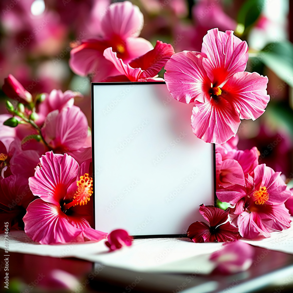 Poster lush pink hibiscus blossoms create a captivating backdrop for an empty frame, perfect for showcasing