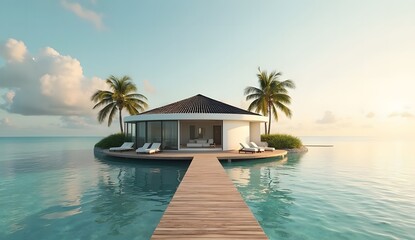 Tropical resort swimming pool with palm trees, blue sky, and ocean views for summer vacation relaxation