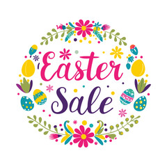 Obraz premium Easter card with easter eggs and bunny Happy Easter Watercolor hand drawn painting of a easter wreath with colorful eggs and spring flowers