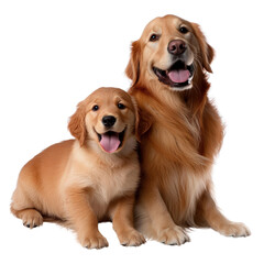Obraz premium Two adorable golden retriever dogs, a small puppy and an adult, sitting together with happy expressions, showcasing young and mature canine companionship