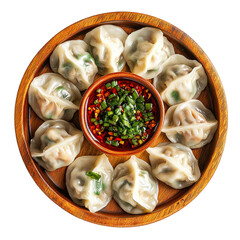 Traditional dumpling momos food from Nepal served with tomato chutney in plate isolated.