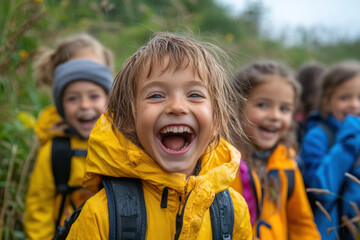 Group of children in yellow raincoats laughing under a colorful rainbow in a playful and cheerful outdoor setting.