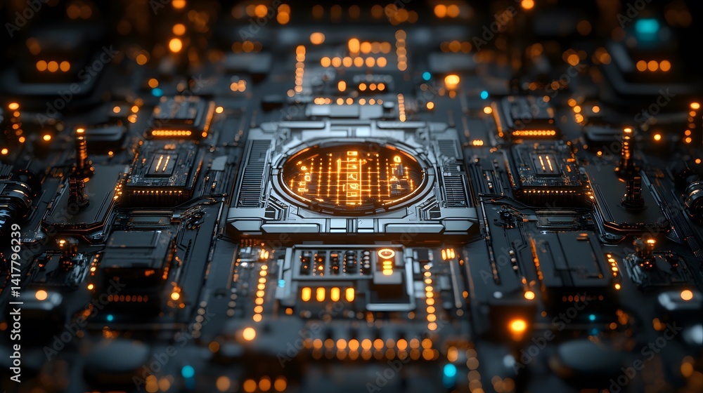 Poster intricate circuit board with glowing central processor.