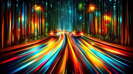 Obraz premium Vibrant Night Forest Road with Colorful Motion Blur and Passing Cars
