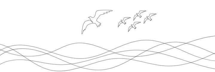Seagulls fly over the surface of the sea. Small waves. World Maritime Day. One line drawing for different uses. Vector illustration. EPS 10 . 