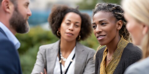 A group of three women engrossed in conversation in an outdoor setting, representing collaboration and connection in a professional and social environment among peers.