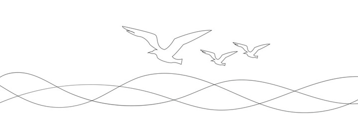 Seagulls fly over the surface of the sea. Small waves. World Maritime Day. One line drawing for different uses. Vector illustration. EPS 10 . 