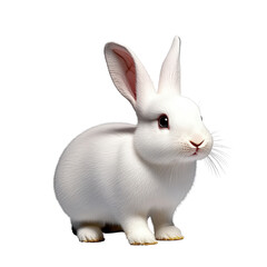 Obraz premium Close-up of a cute white rabbit with large ears, pink nose, and dark eyes, standing on white background, emphasizing fluffy fur, adorable animal portrait