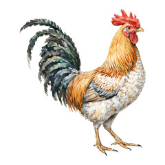 Fototapeta premium Detailed Rooster Isolated Hand Drawn Watercolor Painting Illustration of Farm Animal with Red Crest