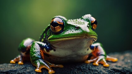 Naklejka premium Close-up of a vibrant green tree frog with striking orange eyes sitting on a textured dark rock.