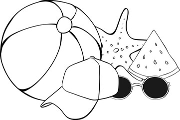 Beach composition with sun glasses, beach ball, cap, watermelon slice, starfish. Vector graphic line ink illustration. Banner, poster, wrapping paper, sticker, print, modern textile design.