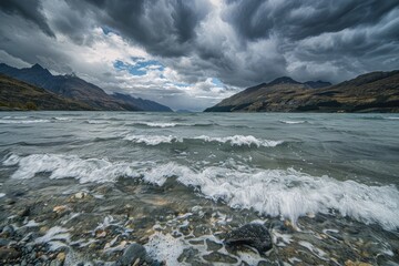 Stormy lake waves with mountains background