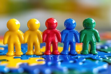A group of colorful plastic figures standing on a puzzle with a blurred background behind them all