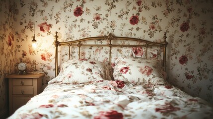 Obraz premium Floral bedroom with antique bed, cozy interior