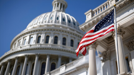 A Symbol of Strength: The United States Capitol building, a monument to American ideals, its grand architecture. A waving national flag and architectural grandeur is a display of governance.