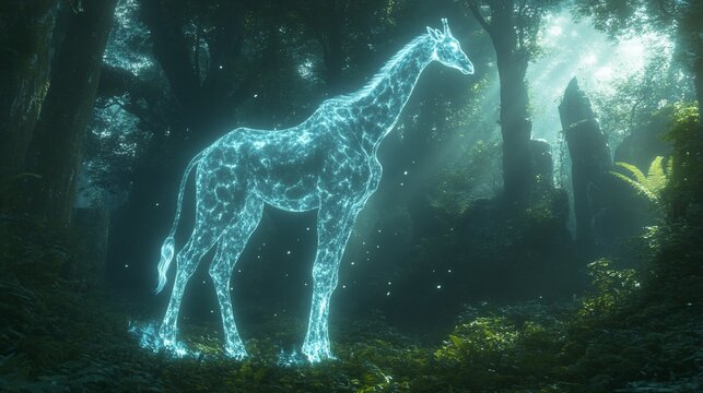 Luminescent Giraffe in Mystical Forest