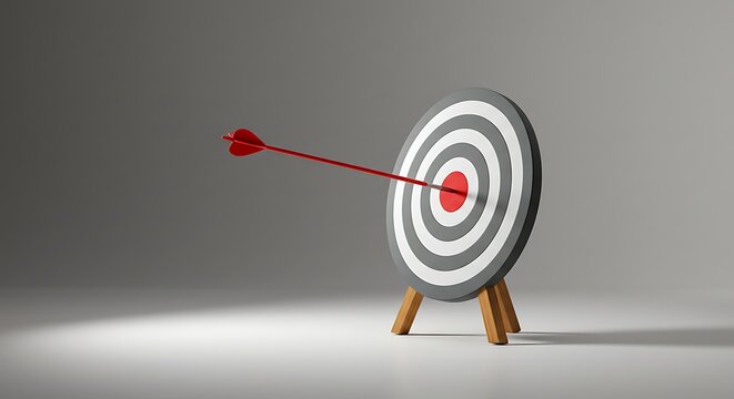 Bullseye Achieved: Red Arrow Hits Target's Center, Success Concept in Studio, Gray Background, High-Key Lighting, Minimalist Style for Business, Competition, and Achieving Goals